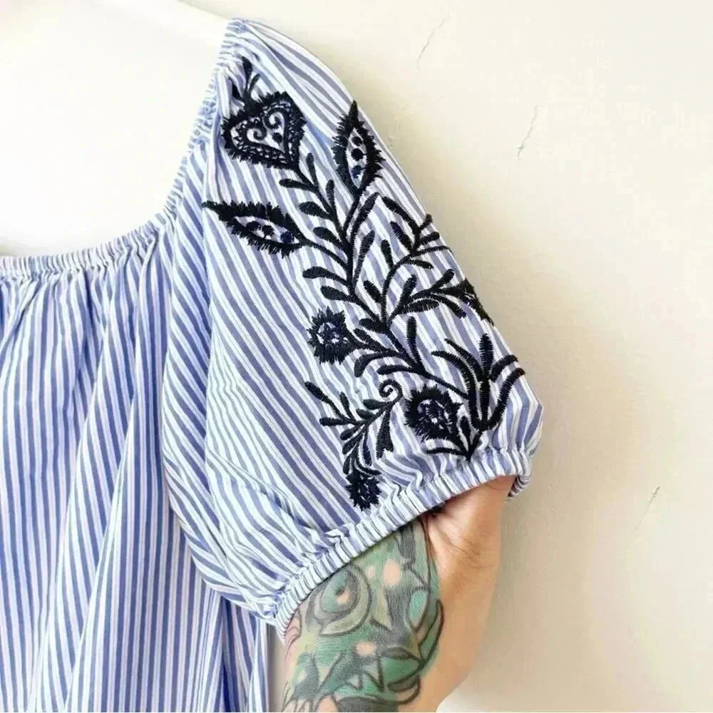 Who What Wear Embroidered Puff Sleeve Striped Midi Dress M EUC - Picture 8 of 8